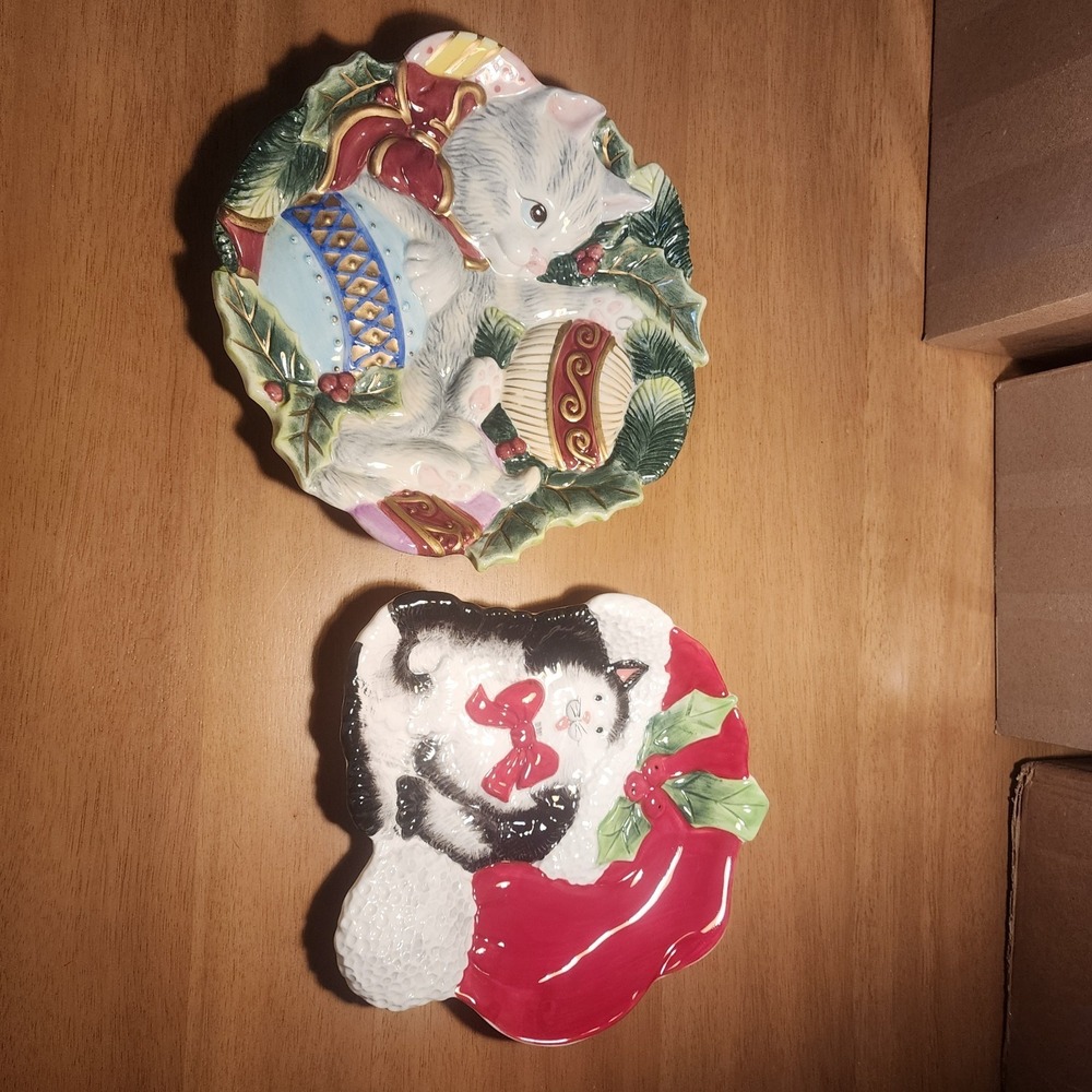 Vintage Fitz And Flyod Cat Christmas Plates Set Of 2